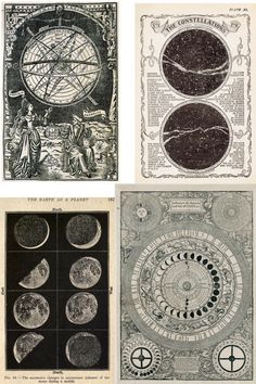 four different types of astro signs in black and white, each with an image of the moon