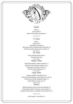 a menu with an ornate design in black and white