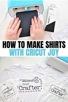 two photos with the words how to make shirts with cricut joy on them