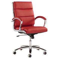 a red office chair with chrome arms and wheels