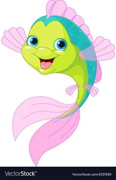 a cartoon fish with blue eyes and pink tail is smiling at the viewer while it's swimming