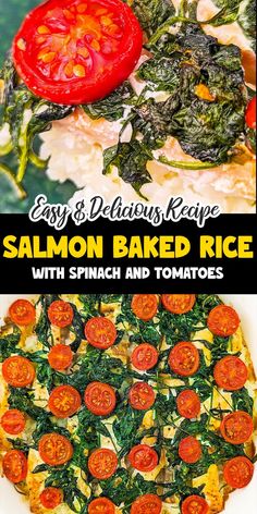 an image of salmon baked rice with spinach and tomatoes on the top, and another side dish