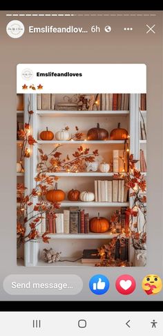 an instagram page with pumpkins, books and candles on the shelves in front of them