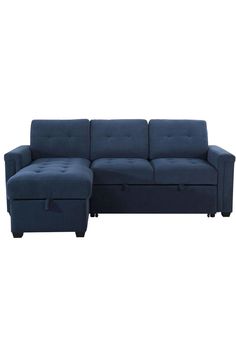 a blue sectional sofa with ottoman and footstool in front of a white background