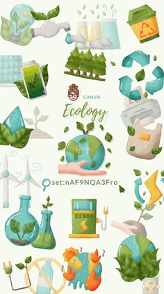 a bunch of different items that are in the shape of an earth and plants on it