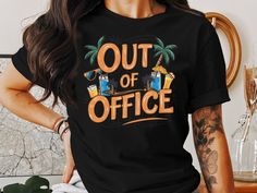 Get ready to hit the beach or just dream about vacation with our "Out of Office" T-Shirt! This vibrant, lively top features a playful graphic with palm trees, sunglasses, and refreshing tropical drinks, making it perfect for summer outings or as a fun gift for anyone who loves to kick back and relax. The hand-drawn style artwork adds a unique touch to your casual wardrobe, ensuring you look great whether you're out of office or just pretending to be! ~ RETURNS/EXHANGES 🌟 Important Information R Funny Print Black Top For The Beach, Black Tops With Funny Print For The Beach, Black Beach Tops With Funny Print, Black Beach Top With Funny Print, Funny Print Black Tops For Vacation, Black Tops With Funny Print For Vacation, Black Top With Funny Print For Vacation, Fun Printed Vacation T-shirt, Fun Printed T-shirt For Vacation