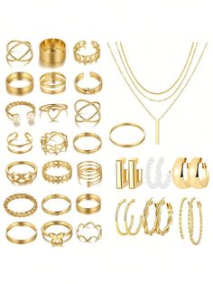 35pcs Metal Style Jewelry Set Including Earrings, Necklace, Ring For Women, Daily & Party Fashion Accessories Gold Fashionable   Iron Alloy     Women Fashion Jewelry, size features are:Bust: ,Length: ,Sleeve Length: Vintage Pearl Jewelry, Vertical Bar Necklace, Pearl Love, Simple Pearl, Crystal Jewelry Sets, Pearl Jewelry Sets, Women's Jewelry Sets, Silver Jewellery Sets, Estilo Punk