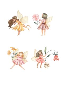 four watercolor illustrations of little fairy girls with flowers