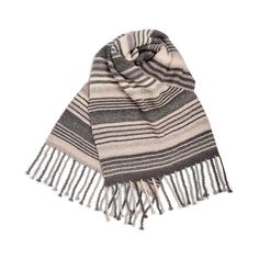 a black and white striped scarf with fringes