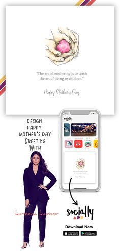 a woman standing in front of a phone with the text happy mother's day on it