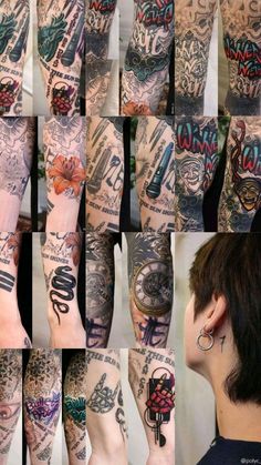 many different tattoos on the arms and legs of people with their hands in various positions