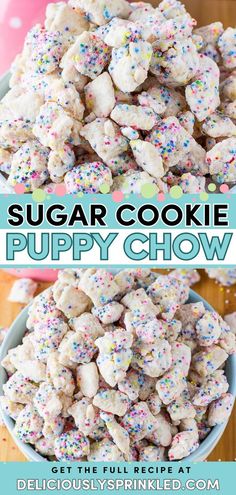 This afternoon snack idea is also the perfect party food. Colorful and seriously addictive, this Sugar Cookie Puppy Chow is a winner. You'll want to whip up a batch of this Chex mix recipe for a simple dessert! It's an easy-to-make sweet treat with only 4 ingredients! Easy Puppy Chow, Puppy Chow Ingredients, Puppy Chow Chex Mix Recipe, Puppy Chow Recipe, Chex Mix Puppy Chow, Chow Recipe, Puppy Chow Recipes, Funfetti Cake Mix, Chex Cereal