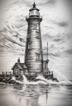 a drawing of a lighthouse in the ocean