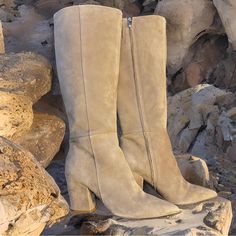 Pointy Low Heel Boots With Unique Heel And Suede Upper. Brand New W Box Beige Suede Boots With Wide Calf, Beige Wide Calf Pointed Toe Heeled Boots, Beige Suede Heeled Boots For Fall, Casual Beige Heeled Boots With Almond Toe, Casual Beige Suede Heeled Boots, Beige High Heel Boots With Suede Lining, Suede Knee High Boots, Unique Heels, Low Heel Boots