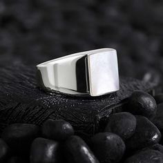 OTTASILVER Classic Mens 925 Sterling Silver Engagement Natural Mother of Pearl Stone Minimalist Ring Pearl Ring For Men, Black Onyx Ring Men, Onyx Ring Men, Minimal Ring, Brown Gemstone, Natural Gemstone Ring, Pearl Jewellery, Men Jewelry, Square Rings