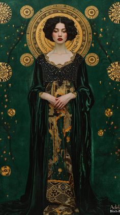 a painting of a woman in a green dress with gold accents on her face and shoulders