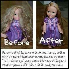 before and after photos of doll hairspray with text describing how to use it