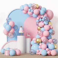 a birthday cake surrounded by balloons and confetti on a table in front of a mirror