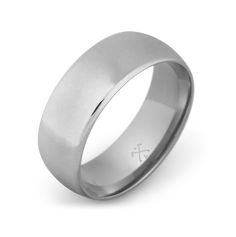 a white gold wedding ring with a flat surface and polished finish on the outside side