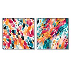 two abstract paintings with different colors and shapes