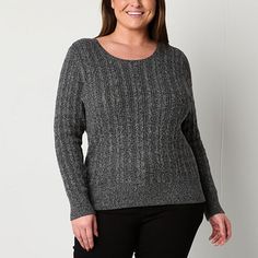 Your cold-weather wardrobe wouldn't be complete without the warmth of a cable-knit style like this women's plus sweater from St. John's Bay. Made from a soft cotton-blend, it has a crew neckline, long sleeves, and ribbed trims. Wear it layered over a button-down with jeans.Features: EssentialsClosure Type: Pullover HeadFit: FittedNeckline: Crew NeckSleeve Length: Long SleeveSleeve Style: Fitted SleeveApparel Length: 26.5 Inches - Back, 27 Inches - FrontFiber Content: 88% Cotton, 12% NylonFabric Comfortable Black Long Sleeve Sweater, Cheap Soft Knit Black Sweater, Black Cotton Cable Knit Sweater, Black Soft Knit Crew Neck Sweater, Black Moisture-wicking Long Sleeve Sweatshirt, Knitted Pullover Sweaters, Pullover Sweater Women, Knitted Pullover, Cold Weather