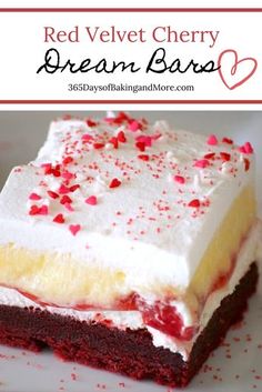 red velvet cherry dream bars with white frosting and sprinkles on top