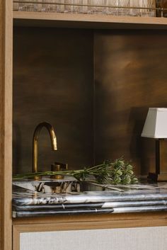 a wooden shelf with a lamp and some plants on it in front of a mirror