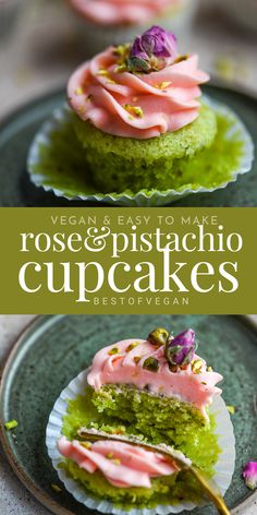 Vegan Mini Rose Pistachio Cupcakes Vegan Strawberry Recipes, Fairy Themed Desserts, Fairy Food Ideas, Raspberry Pistachio Cupcakes, Vegan Baby Shower Food, Pink Dessert, Small Batch Vegan Cupcakes, Vegan Pistachio Cupcakes, Raw Vegan Cupcakes