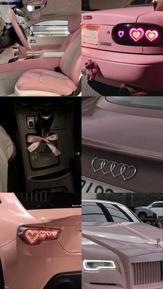 pink cars with heart shaped lights on the front and back seats are shown in this collage