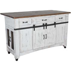 a kitchen island with two doors and drawers