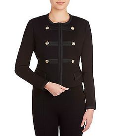 Peter Nygard Luxe Military Jacket Elegant Outerwear With Button Closure, 3/4 Sleeve, Elegant 3/4 Sleeve Outerwear With Button Closure, Fitted Formal Outerwear With 3/4 Sleeves, 3/4 Sleeve Outerwear With Button Closure For Work, Workwear Outerwear With Buttons And 3/4 Sleeve, Workwear Outerwear With 3/4 Sleeve And Buttons, Elegant Fall Outerwear With 3/4 Sleeves, 3/4 Sleeve Outerwear With Buttons For Work, Elegant 3/4 Sleeve Outerwear For Fall