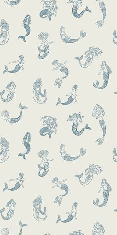 a blue and white wallpaper with various mermaids on the back ground, in different sizes