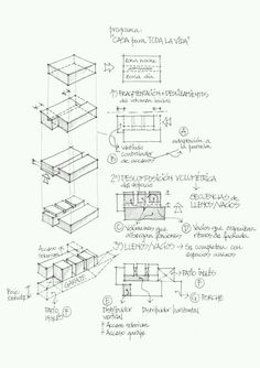 a drawing of several shelves with different types of boxes on top and bottom, all labeled in