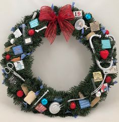 a christmas wreath decorated with medical related items