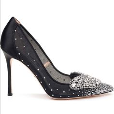 Dazzling Placed Crystals Ornament The Pointy Toe And Pepper The Curved Sides Of A Party-Ready Pump In Lustrous Satin And Breezy Mesh. True To Size. - 4" Heel (Size 8.5) - Latex-Cushioned Footbed - Textile Upper And Lining/Leather Sole - Imported - Women's Shoes -4" Heel (Size: 7) -Latex-Cushioned Footbed -Textile Upper And Lining/Leather Sole -Imported -Women's Shoes - These All Is All You Need For A Glamour Sexy Look And More - Authentic - Comes With Box And Dust Bag As Shown On Pic Embellished Fitted Heels For Gala, Fitted Embellished Heels For Gala, Black Ankle Strap Heels, Jeweled Heels, Leather Jewels, Jewel Badgley Mischka, Closed Toe Heels, Strappy Block Heels, Crystal Sandals