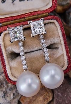 2024 Jewelry, White Gold Drop Earrings, Princess Cut Diamond, Antique Engagement, Antique Engagement Rings, Princess Diamond, Diamond Drops, Pearl Diamond, Diamond Stud