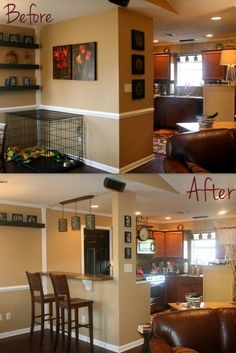 before and after pictures of a living room with brown leather couches, open shelving, and kitchen