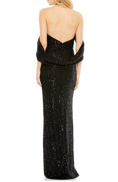 A drapey piece of fabric wraps around the shoulders of this party-ready gown featuring keyhole cutouts, shimmering sequins and a sultry side slit. 62 1/2" length Halter neck Lined Asian Owned/Founded 100% polyester Spot clean Imported Formal Prom Dresses Long, Cutout Gown, Formal Ball Gown, Prom Dresses For Sale, Unique Prom Dresses, Designer Prom Dresses, Prom Designs, Short Cocktail Dress, Mac Duggal