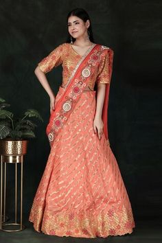 Orange woven lehenga saree with floral, thread and leheriya hand embroidered pallu. Comes with a yellow padded blouse and a petticoat with an attached cancan. - Aza Fashions Festive Chanderi Choli With Traditional Drape, Traditional Drape Chanderi Lehenga For Festive Occasions, Festive Traditional Drape Chanderi Lehenga, Festive Cutdana Choli With Traditional Drape, Festive Floor-length Pre-draped Saree With Dori Work, Art Silk Pre-draped Saree For Reception And Festivals, Pre-draped Art Silk Saree For Reception And Festivals, Festival Pre-draped Art Silk Saree For Reception, Festive Cutdana Choli