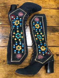 Traditional Fitted Boots For Fall, Vintage Embroidered Fall Boots, Vintage Embroidered Boots For Fall, Traditional Embroidered Boots For Spring, Traditional Spring Boots, Traditional Fitted Boots For Spring, Vintage Fitted Boots For Festivals, Vintage Fitted Festival Boots, Bohemian Embroidered Boots For Festival