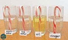 four glasses with candy canes in them sitting next to each other on a table