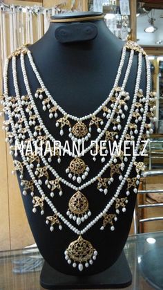 Beautiful Indian/ Pakistani bridal necklace with four strings of freshwater pearls and 21k goldplated hinges and hanging motifs Pearl Mala, String Necklace, Necklace Indian, Fresh Water Pearls, Mala Necklace, Dec 26, Water Pearls, Pakistani Bridal, Multi Strand Necklace