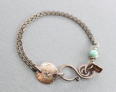 Copper personalized initial bracelet with larimar stone - Tag bracelet - Copper bracelet - Name brac Rustic Bracelet, Bracelet Name, Bracelet Initial, Larimar Stone, Personalized Bracelet, Jewelry Clasps, Bohemian Bracelets, Initial Bracelet, Gray Leather