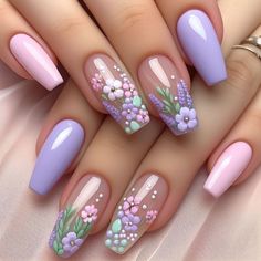 Pink Nail Art Designs, Cute Spring Nails, Purple Nail, Pink Nail Art, Pretty Nail Art Designs, Spring Nail Art, Pretty Nail Art, Flower Nail Art, Pastel Nails