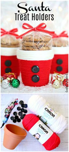 some candy and cookies in red buckets with the words santa treat holders on them