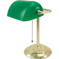 a green desk lamp sitting on top of a metal stand with a chain attached to it