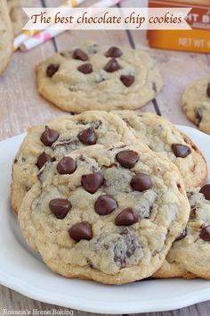 two chocolate chip cookies on a plate with the words, the best chocolate chip cookies