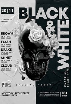 a black and white flyer for a party with a skull on it's head