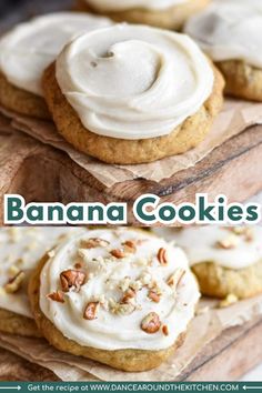 banana cookies with white icing and walnuts on top are the perfect dessert for any occasion