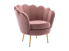 a pink chair with gold legs on a white background